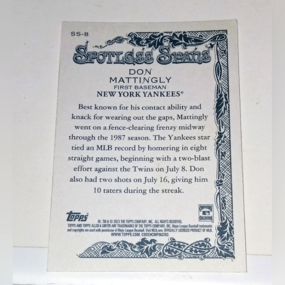 Don Mattingly Spotless Spans Topps Allen & Ginter 2023 #SS-8 - Picture 2 of 2